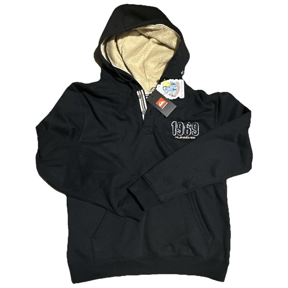 Quiksilver Men's Pullover Hoodie M Black Fleece Graphic 1969 Logo with Pockets